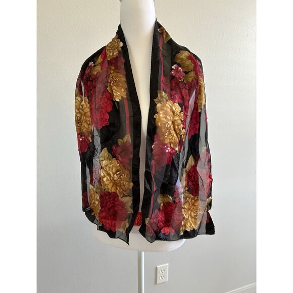 🌻Oscar de la Renta Beautiful Colorful Rectangle Silk Scarf Red Gold Roses - Picture 1 of 5